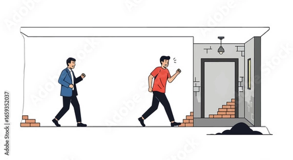 Fototapeta Two Men Fleeing from a Partially Demolished Building in Pixel Art Style on a White Background