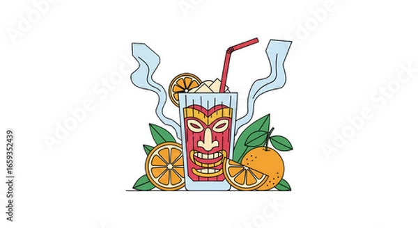 Fototapeta Refreshing Tiki Cocktail with Orange Slices and Decorated Glass with Red Straw on White Background Summer Vibe