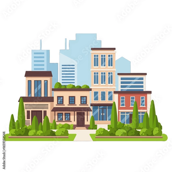 Fototapeta Stylized Cityscape with Residential Buildings and Distant Skyscrapers Flat Style Architecture with Brown Tan and Green Color Palette