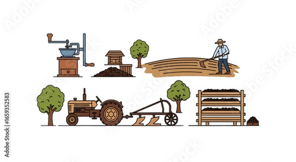 Fototapeta Pixel Art Depicting a Farming Scene with a Tractor and Farm Worker on a White Background Detailed Illustration of Agricultural Elements