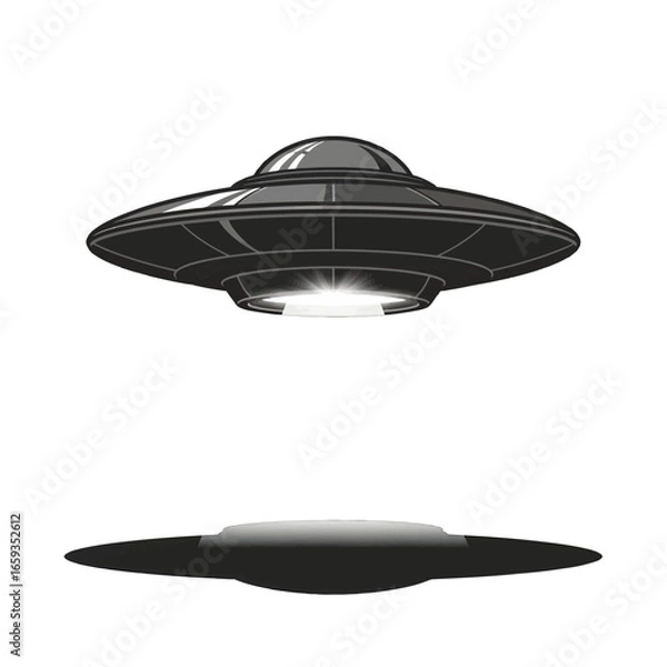 Fototapeta Pixelated Gray Flying Saucer Ufo with Bright Beam of Light Hovering Over a Shadow on a Plain White Background
