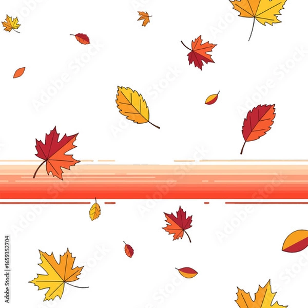 Fototapeta Pixelated Autumnal Leaves Falling Against a White Background with Horizontal Orange Stripes