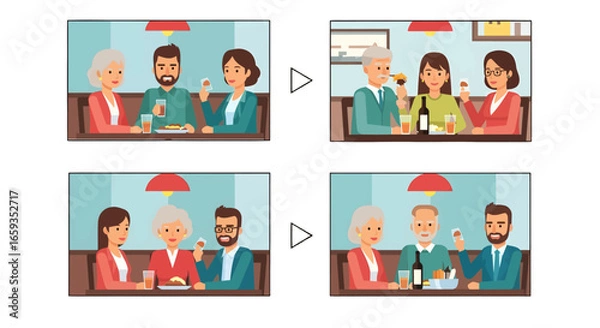 Fototapeta Pixelated Restaurant Scenes with People Dining Together and Enjoying Food and Drinks in an Indoor Setting