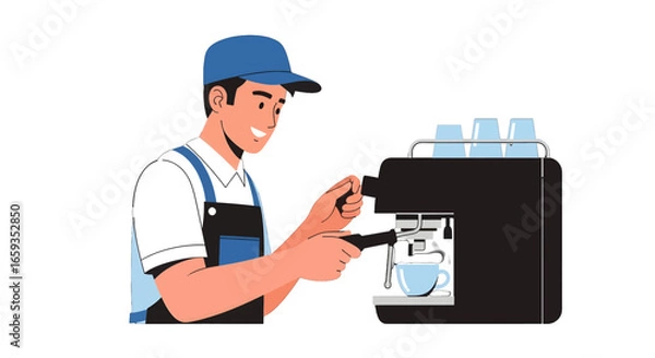 Fototapeta Man in Blue Preparing Coffee with an Espresso Machine at Cafe with Cups Stacked in Background Against White Backdrop