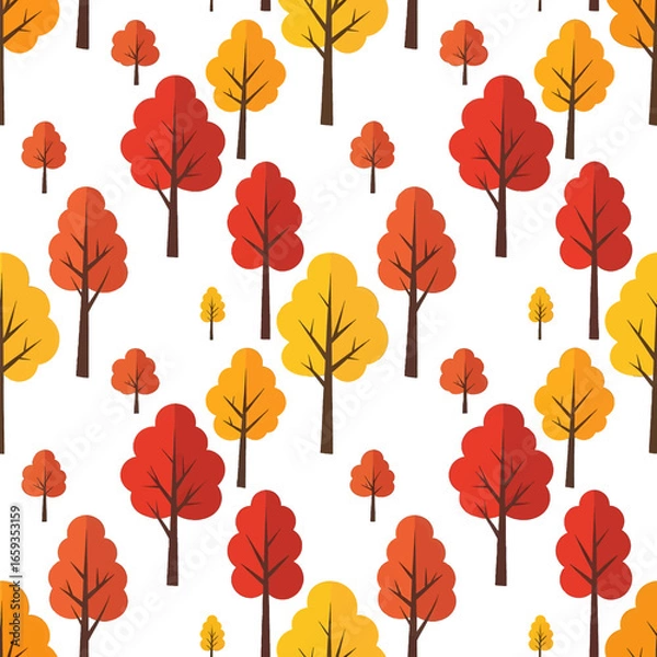 Fototapeta Seamless Autumn Tree Pattern Featuring Red Orange and Yellow Foliage on White Background