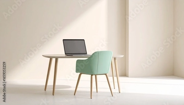 Fototapeta Minimalist home office with a modern desk and chair, bathed in natural light, offering a serene and productive remote workspace environment.