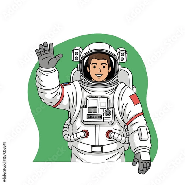 Fototapeta Astronaut Waving Hand in Space Suit with White Helmet against Green Background Space Travel Concept