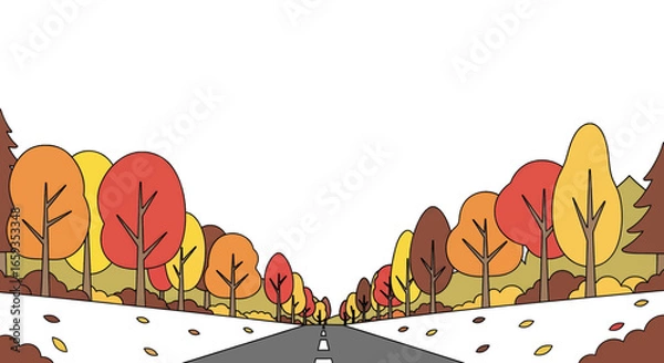 Fototapeta Road Leading Through Colorful Autumnal Trees with White Sky and Asphalt Road Surface