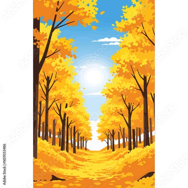 Fototapeta Autumnal Golden Forest Path with Sunlight Breaking Through Tall Trees in Pixel Art Style Under Clear Blue Sky