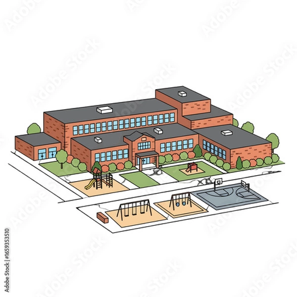 Fototapeta Detailed Isometric View of a Two Story Brick School Building with an Adjacent Playground Area in a Minimalist Style