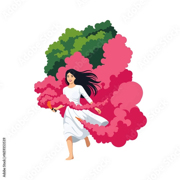 Fototapeta Pixel Art of a Woman Running Through Pink Smoke with Green Trees in the Background Wearing a White Dress