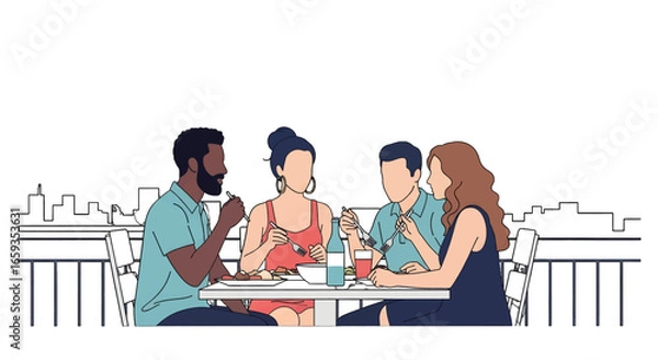 Fototapeta Diverse Group Enjoying a Meal Together at Outdoor Restaurant Featuring Abstract People at Table with Food and Drink in Simple Scene