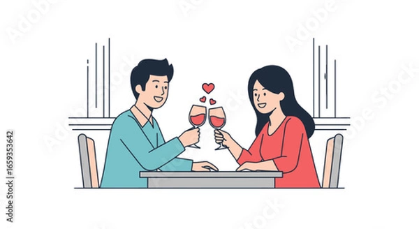 Fototapeta Pixel Art of a Couple Toasting Wine Glasses in a Romantic Setting with Hearts in a White Background