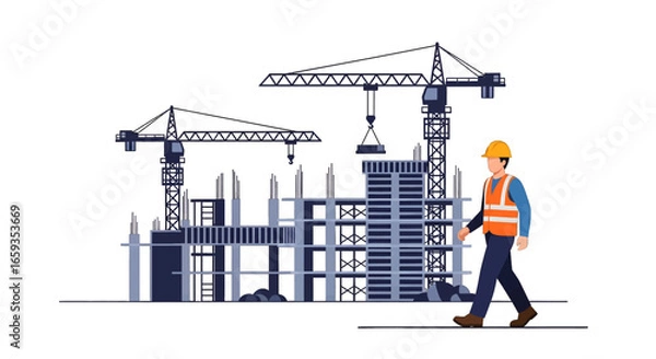 Fototapeta Construction Site with Building and Crane Featuring a Worker in Safety Vest and Yellow Helmet Over White Background