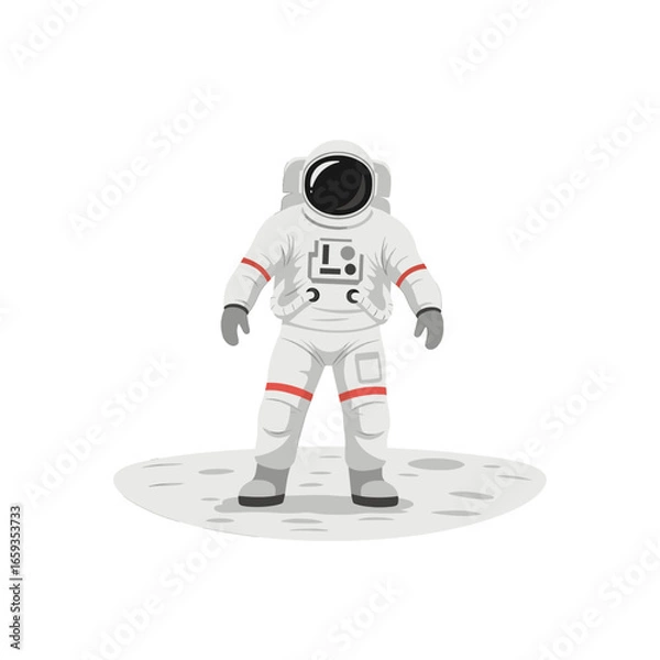 Fototapeta Pixelated Astronaut in White Space Suit Standing on Gray Moon Surface with Red Details Minimalist Retro Style
