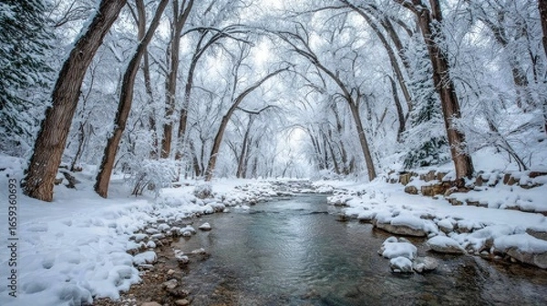 Obraz Snow-covered trees arch over a calm stream