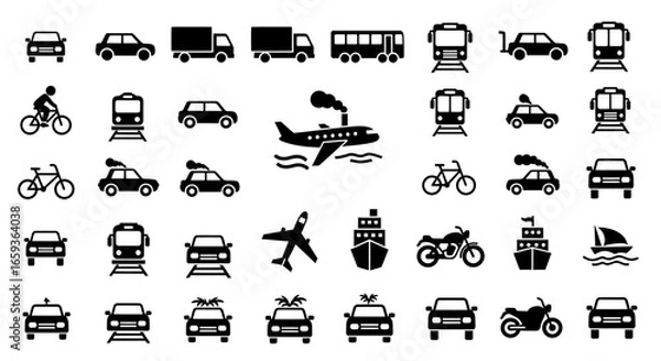 Fototapeta Set of black solid glyph icons representing various modes of transportation and vehicles.