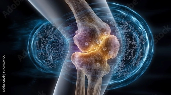Fototapeta X-ray view of a human knee joint, highlighting bone structure and cartilage health within a protective cellular sphere