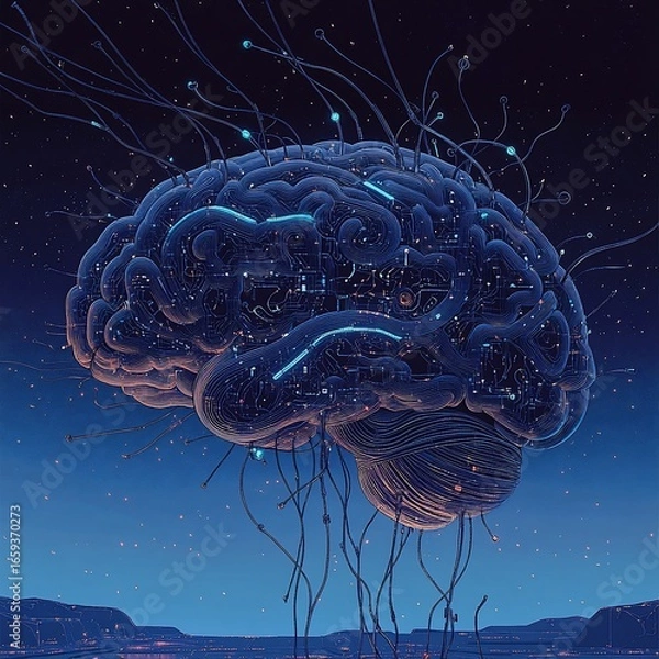 Fototapeta Digital Brain with Night Sky, and Neural Network.