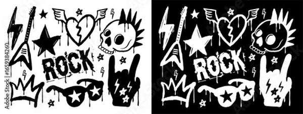 Obraz Rock and roll punk hand drawn grunge doodle set in graffiti style with guitar, skull, broken heart, wings, crown, sunglasses, stars, lightning, and rock hand gesture. Vector illustration