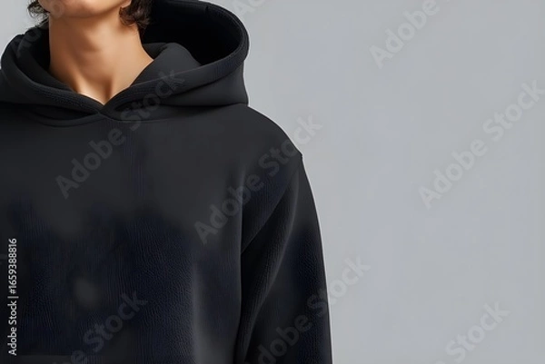 Obraz Close-up of a Stylish Black Hoodie on a Person with Curly Hair, Studio Shot with Neutral Background