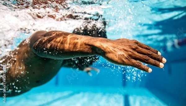 Fototapeta Closeup of Swimmer Arm Stroke Underwater in Blue Pool Training Action