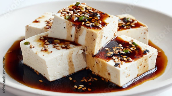 Fototapeta Delicious tofu cubes drenched in a savory sauce, garnished with sesame seeds, perfect for healthy meals and culinary creations.