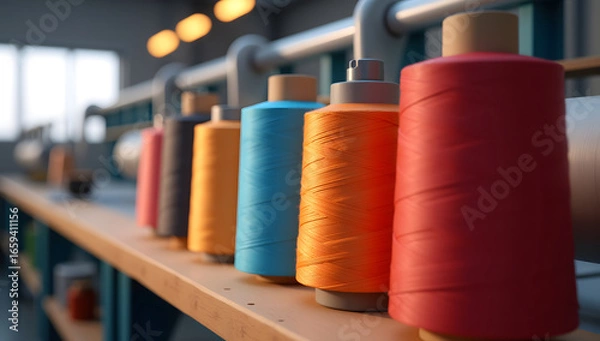 Fototapeta Colorful spools neatly arranged in textile factory workshop