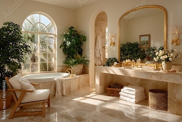 Fototapeta Relaxing bathroom space with soaking tub and greenery high resolution image