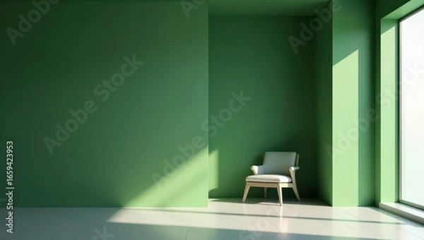 Fototapeta A minimalist green room design features a single light-colored chair in a sunlit corner.