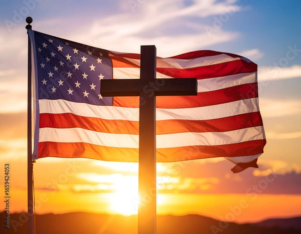 Obraz American Flag with Cross, and Sunset.