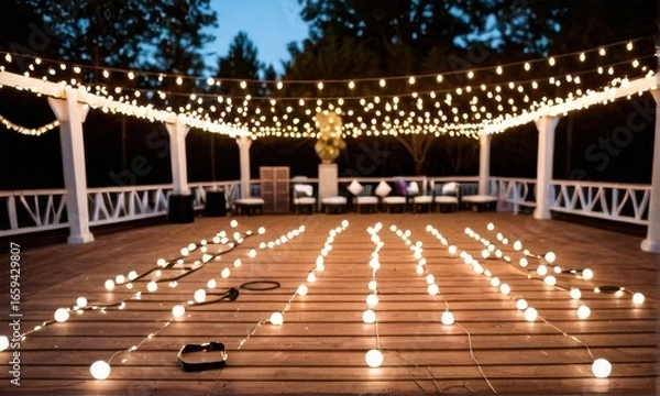 Obraz Romantic Outdoor Deck at Night with String Lights
