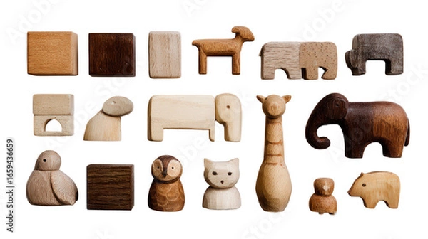 Fototapeta Handmade Wooden Toys: A flat lay of handmade wooden toys like blocks and animal figurines, isolated on a Transparent background, PNG file.
