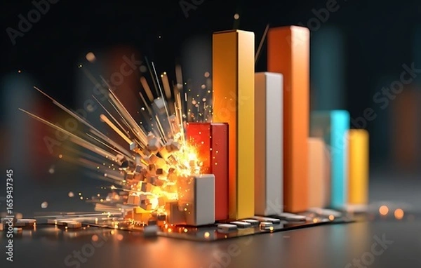 Fototapeta Abstract 3D Bar Graph Exploding with Bright Sparks and Vivid Colors
