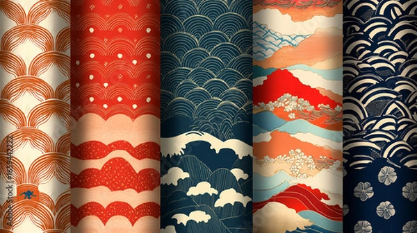 Fototapeta Traditional Japanese Wave and Cloud Textile Patterns in Decorative Design background,generative ai