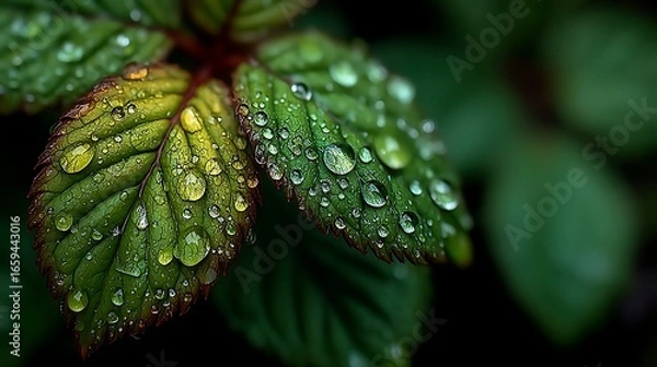 Fototapeta Closeup green leaf surface covered in morning dew high resolution photo