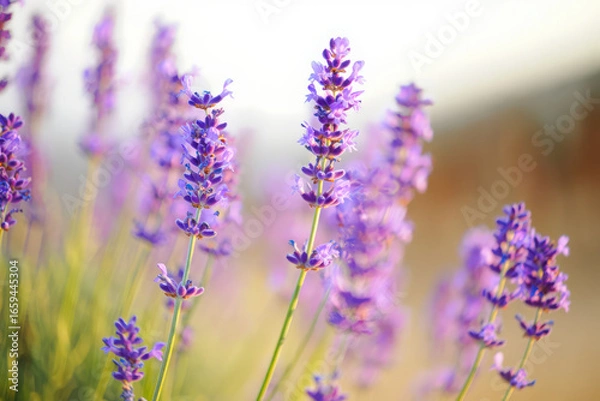 Fototapeta Close up of blooming purple lavender flowers in a field