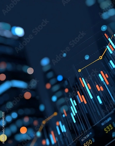 Fototapeta Abstract Financial Data Visualization with Cityscape Background