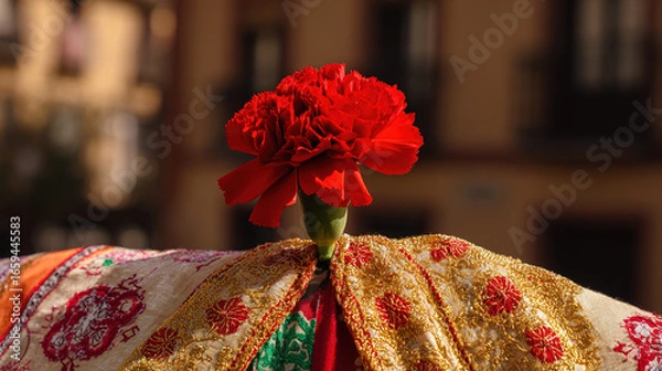 Fototapeta Red carnation on a golden-threaded shawl, embodying Spanish cultural richness and elegance.