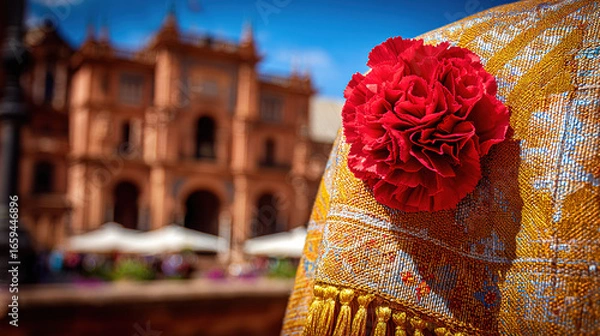 Fototapeta Red carnation on a golden-threaded shawl, embodying Spanish cultural richness and elegance.