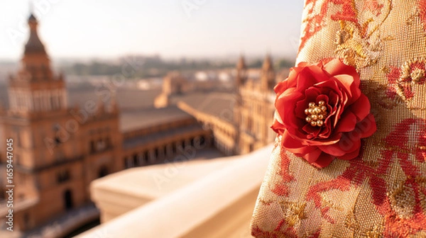 Fototapeta Red carnation on a golden-threaded shawl, embodying Spanish cultural richness and elegance.