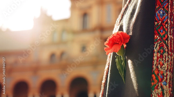 Fototapeta Red carnation on a golden-threaded shawl, embodying Spanish cultural richness and elegance.