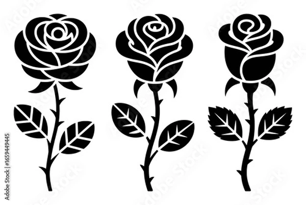 Obraz Three Black Silhouette Roses with Stems and Leaves on White Background