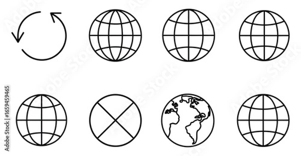 Fototapeta Illustration of globes and rotation symbol, representing global connectivity, worldwide communication, and geographical concepts with grid lines and continental outlines