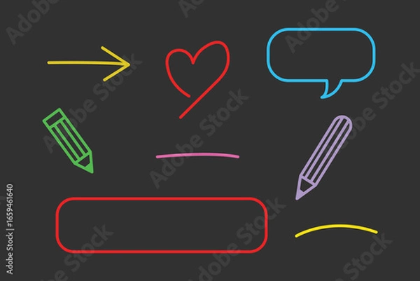 Obraz Set of arrow lines, speech bubbles, pencil highlighter and textured brush icons with cartoon heart shape, chalkboard frame sketch, vector illustration.
