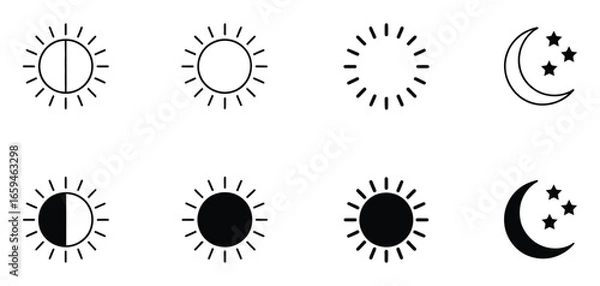 Fototapeta Vector art of day and night mode icons, featuring sun, moon, and stars, representing light and dark themes for user interface design and customization
