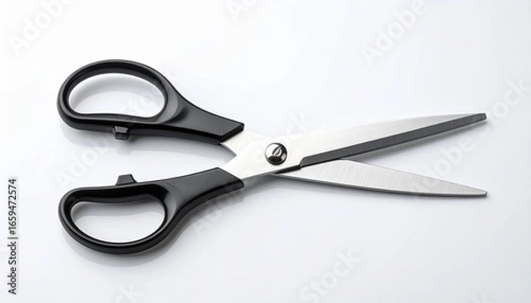 Fototapeta Sharp precision — black-handled scissors with silver blades on white