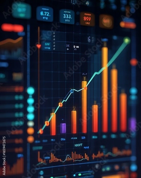 Fototapeta Abstract Financial Data Visualization with Glowing Bar Chart and Line Graph