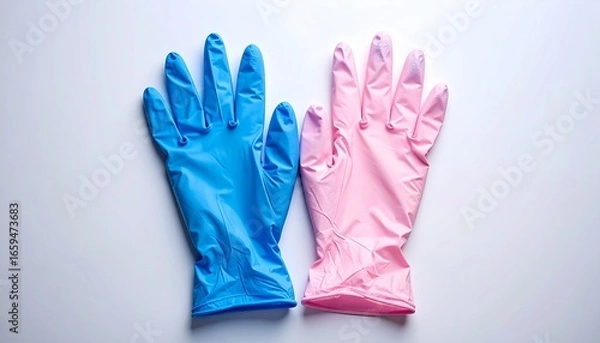Fototapeta Color-coded protection — blue and pink rubber gloves for clean tasks and contrast