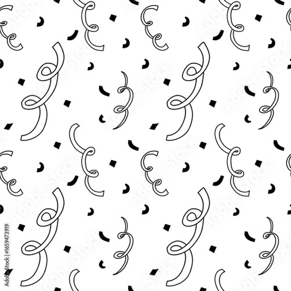 Fototapeta Black and white seamless festive pattern with confetti and streamers, perfect for party decorations, wrapping paper, or celebratory backgrounds.  